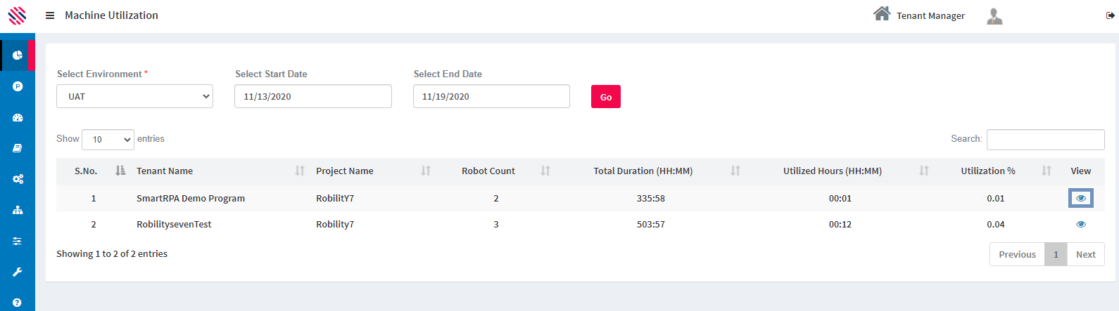 Machine utilization view option